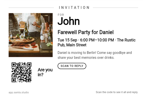 A printed Samla invitation card addressed FOR John, with the farewell party's date, place and description, and a QR code labelled Scan to reply.