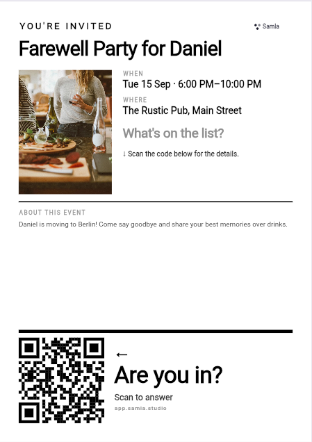 A printed Samla poster for a farewell party: the event name, the date and the place, a photo, and a large QR code under the words Are you in?